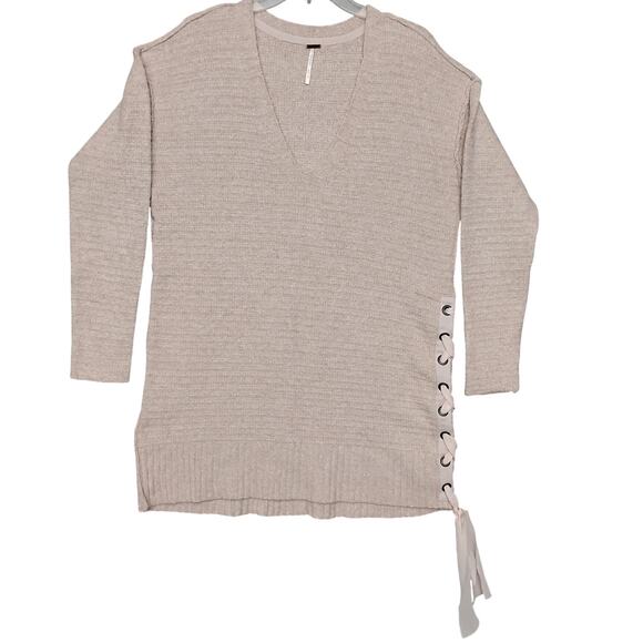Anthro Free People Heart It Lace Sweater Size Small Knit Pink Long Sleeve V Neck - Picture 6 of 11